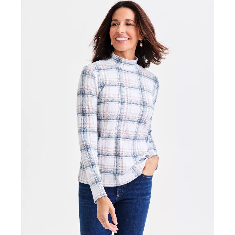 NWT Style & Co Women's Stretch Printed Mock Neck Long Sleeve Top White Plaid - M